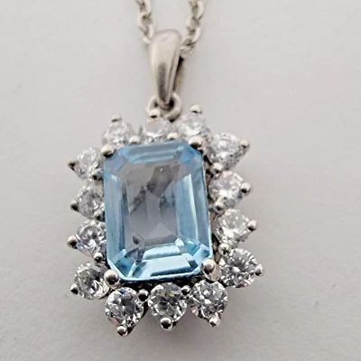 Collar Cadena Diamantes Simulados Colgante Plata 925 Corte Esmeralda Topacio Azul Cielo Foto 1 de 4