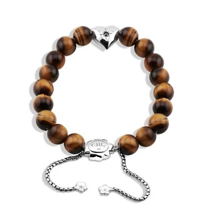 Tiger’s Eye Bead Bracelet 925 Silver – Heart Accent & Diamond – Adjustable Fit - Picture 1 of 5