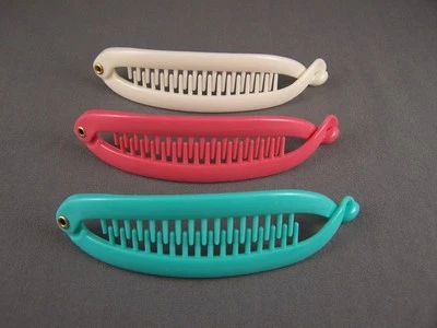 Cream Aqua Coral Pink set of 3 small banana hair clips comb plastic 4.75" long - Image 1 of 4