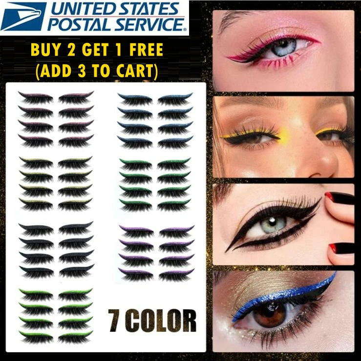 4 Pairs 3D False Eyelashes + Glitter Eyeliner Set Self Adhesive Multi-color Eye  - Image 1 of 4