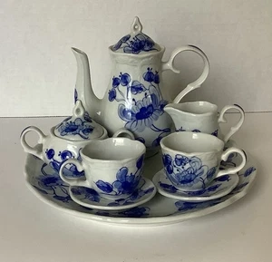 Vintage Childs Tea Set - 10 pc Blue & White Floral Ceramic Set (See Description) - Picture 1 of 9