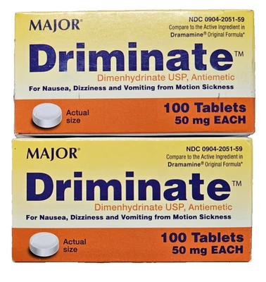 Driminate Motion Sickness Tabs 50 mg 100 quilates (paquete de 2) FARMACIA FRESCA __ Foto 1 de 3