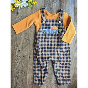 Mud Pie Fall Outfit Truck Pumpkin Plaid Overalls Set Thanksgiving 3-6M - Picture 1 of 11
