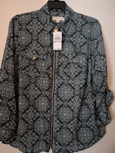 NWT Michael Kors Blue Patterned MK Logo Zip Up Blouse Shirt Long Sleeves Snap 1X - Picture 1 of 6
