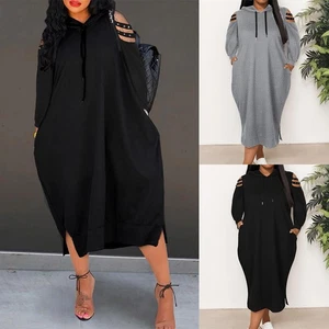 Women Cold Shoulder Hooded Shirt Dress Ladies Casual Midi Dress Pocket Plus Size - Picture 1 of 15