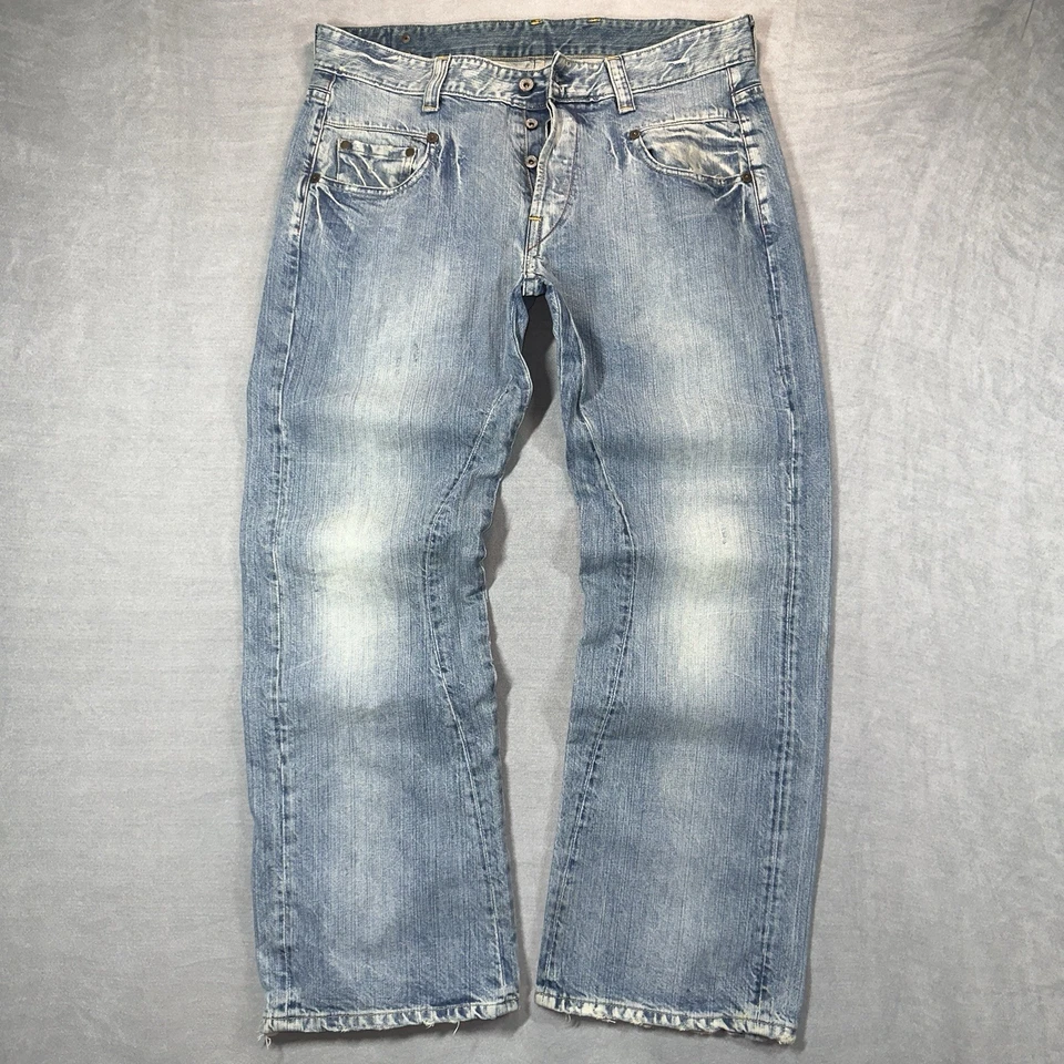 Jeans masculino solto baixo radar bruto 38x34 lavagem leve ponto de contraste reto - Imagem 1 de 4