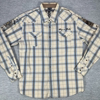 Indigo Star 珍珠 Snap 衬衫男式 XL 米色格子刺绣长袖 — 第 1/4 张图片