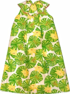 Vestido Lilly Pulitzer De Colección Estampado de Rana Niñas Algodón Verde Almohadillas, Flores Amarillas talla 12 Foto 1 de 2