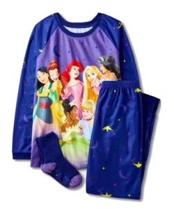 Disney Princess Girl's L 10/12 Brushed Flannel Blue Pajama with Socks Set New - Picture 1 of 2