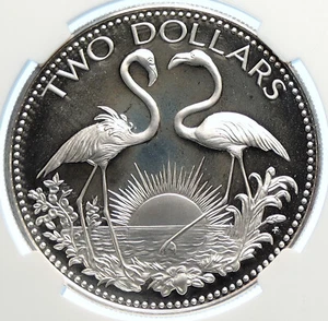 1978 BAHAMAS Islands TWO FLAMINGOS Old Proof Silver 2 Dollar Coin NGC i106376 - Picture 1 of 5