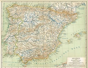 Karte von SPANIEN und PORTUGAL 1889 Original-Graphik - Picture 1 of 1