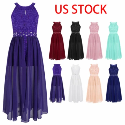 Kids Girls Sleeveless Floral Lace Shiny Rhinestone Flower Girl Wedding Dress - Image 1 of 4