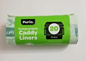 20 Bags x 15 Litre Biodegradable Caddy Bin Liners Compostable Tie Handle Purio - Picture 1 of 3