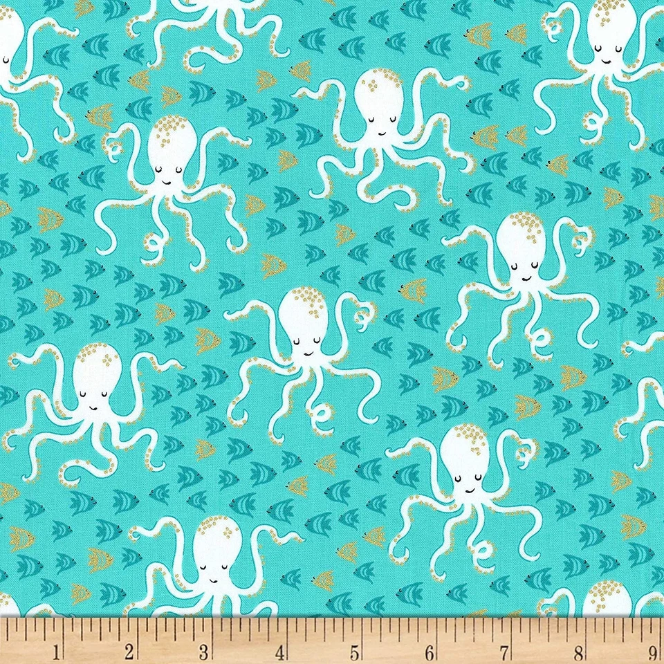 Nautical Fabric - Octopus & Fish Aqua Blue  - Michael Miller YARD - Image 1 of 1