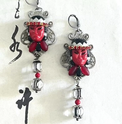 Vintage Selro Style Thai Princess Earrings, Red, Black, Pewter, Hand Painted - Image 1 of 3