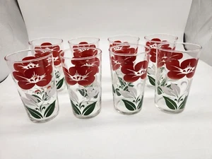 Retro Vtg Drinking Glasses Painted Flowers Red White Green Tumblers Set of  8 - Picture 1 of 5