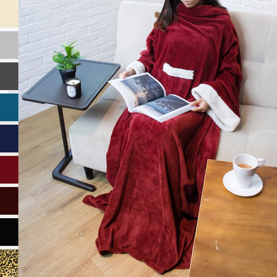Fleece Blanket with Sleeves and Front Pocket Robe Wearable TV Blanket Gift Adult - Image 1 of 4