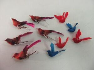 Lot de 10 oiseaux miniatures à plumes rouge bleu - artisanat, Noël, maison de poupée