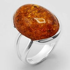 925 Solid Sterling Silver Natural Cognac Baltic Amber Oval Adjustable Nice Ring