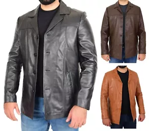 Mens Real Leather Reefer Jacket Casual Soft Blazer Style Mid Length Coat - Picture 1 of 37