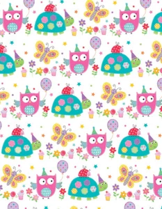 Girls Owl, Tortoise, Butterfly Wrapping Paper - 1 Sheet & 1 Matching Gift Tag - Picture 1 of 2