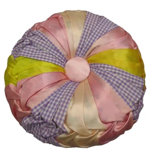 Vintage 1970s Pastel Multicolor Satin Tufted Round Throw Pillow 12" Mid-Century - Picture 1 of 8