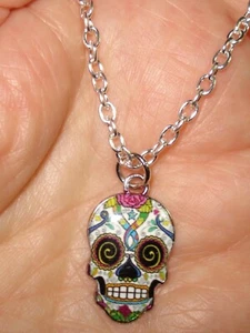 18" Drop Day of the Dead Blk Spiral Eyed Sugar Skull Charm Silver Plate Necklace - Picture 1 of 7