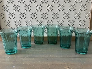 Set Of 6 Vintage Depression Jeannette Glass Swirl Ultramarine 4” Flat Tumblers - Picture 1 of 10