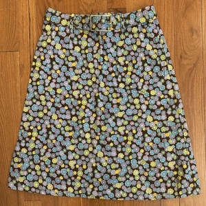 Vintage 60s Floral A-Line Skirt w/ Belt Mod Blue Brown Yellow Size 8, 26" Waist - Picture 1 of 8