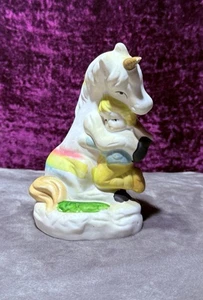 Vintage Whimsical Unicorn Hugging Child Figurine Hand Painted Porcelain Rainbow - Picture 1 of 5