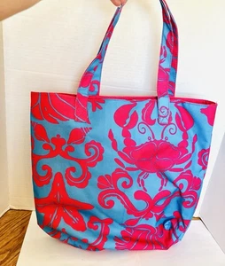 Lilly Pulitzer Estee Lauder Pink And Blue Canvas Tote Bag Beach Ocean Sea Theme - Picture 1 of 6