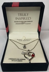 Gemarkt Silber Platte Halskette doppellagig Anhänger Swarovski Kristalle Amor Herz - Bild 1 von 12