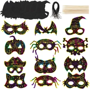 24pcs Scratch Paper Masks Cute Halloween Rainbow Scratch Mask Party Cosplay Mask - Picture 1 of 1