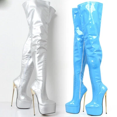 Womens 22cm Extreme High Heel Thigh High Platform Boots Gold Metal Heel Stiletto - Image 1 of 4