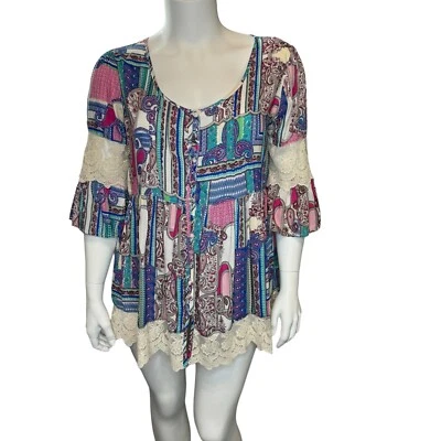 Top túnica boho UMGEE para mujer con estampado de retazos de cachemira manga campana ribete de encaje Foto 1 de 4