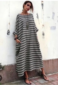 Floryday WOMENS Grey Stripe Beach Relaxed Kaftan Type Maxi Dress In Large. BNWOT - Picture 1 of 5