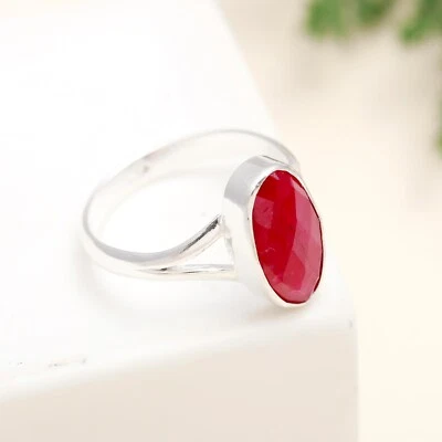 Ruby Lab Created Gemstone Handmade Elegant 925 Sterling Silver Cocktail Ring - Image 1 of 4