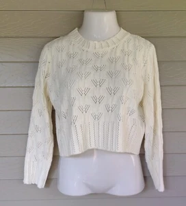 En Creme from Anthropologie Womens Ivory Open Cable Knit Crop Top Sweater Size M - Picture 1 of 4