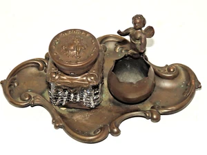 Vintage Brass Ink Well Crystal Lidded w/ Cherub Angel, Desk Victorian Pat. 1897 - Picture 1 of 11