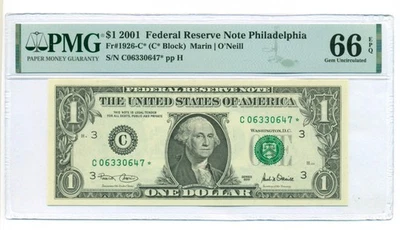 2001 FRB Philadelphia $1 Star / Replacement Bank Note Gem Unc 66 EPQ PMG - Image 1 of 4