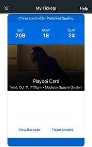 Playboi Carti Ticket Antagonist Tour New York MSG Sec 209 Row 18 Seat 24 - Picture 1 of 1