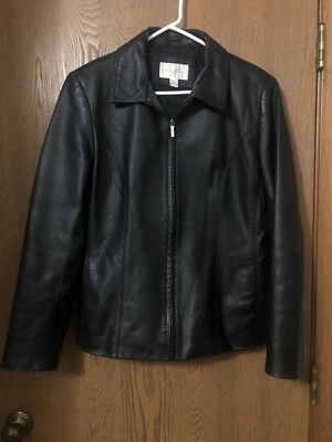 Worthington Medium Collared Leather Jacket Black Zip Up Lined Armpit-armpit 19” - Image 1 of 3