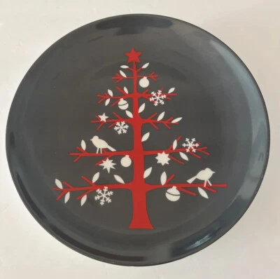 Caja y Barril ÁRBOL ROJO 13.5" Plato Redondo Navidad Gris Blanco Pájaro 359-750 Foto 1 de 4