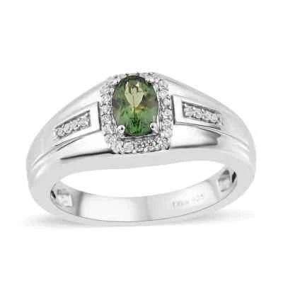 Anillo enchapado en platino de 1,00 quilates de apatita verde tanzano y circón para hombre talla 13 Foto 1 de 4