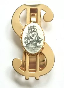 STUNNING SCRIMSHAW TALL SAILING SHIP ON GOLD TONE METAL DOLLAR SIGN MONEY CLIP - Picture 1 of 4