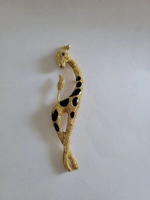 Broche vintage de jirafa exótica de 5,5" esmalte negro ojo verde tono dorado Foto 1 de 4