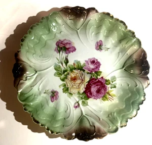 ANTIQUE JPF GERMANY PORCELAIN CHARGER PLATE YELLOW AND RED ROSES EMBOSSED - Picture 1 of 6