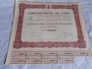Vintage share certificate Stocks Action bond Carlton Hotel de Lyon 1931 - Picture 1 of 3