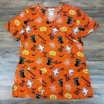 Blusa Médica ScrubStar Para Mujer Naranja Envolvente Halloween Talla S Creep It Real Foto 1 de 4