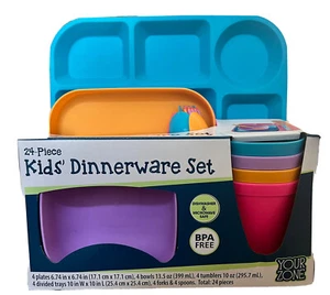 Kids 24 Piece Dinnerware Set Plates, Cups, Bowls, & silverware BPA FREE - Picture 1 of 5